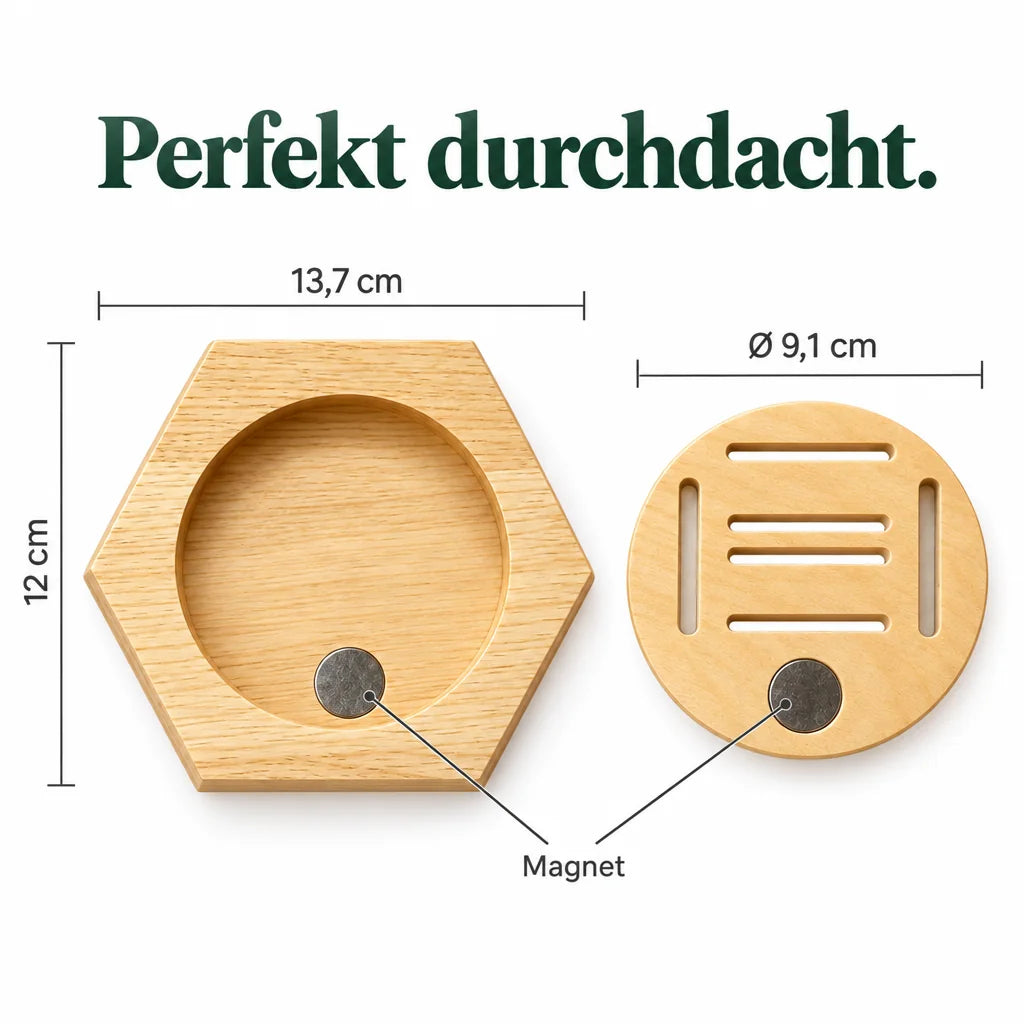 Maße: 13,7 × 12 cm, Einsatz Ø 9,1 cm mit Magnet