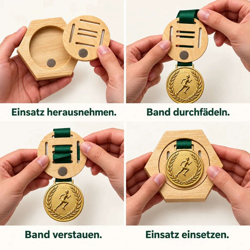 Einsatz herausnehmen, Band durchfädeln, Band verstauen, Einsatz einsetzen
